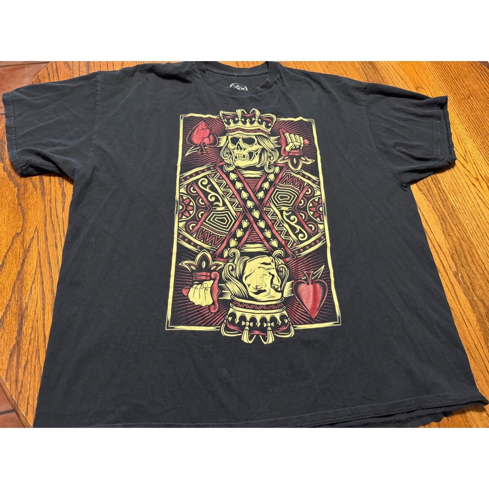 DXM Mens 2XL Black Graphic T-Shirt Skeleton King of Hearts Playing Card‎ Tee